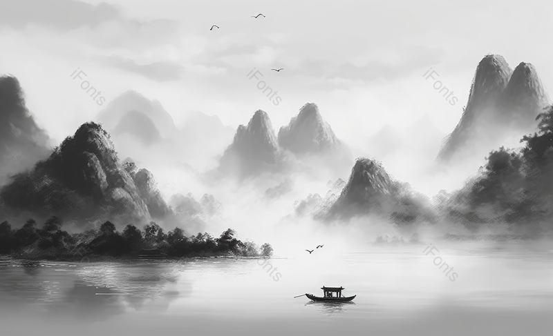山河飞鸟风光黑色水墨画中国风背景,插画/手绘图,插画/手绘图库,插画/手绘图下载,插画/手绘